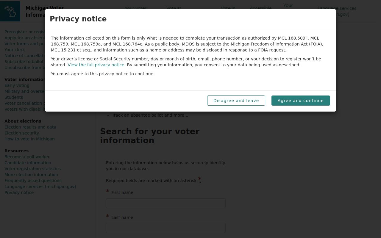 Independence Township resident lookup with Michigan Voter Information Center address fields